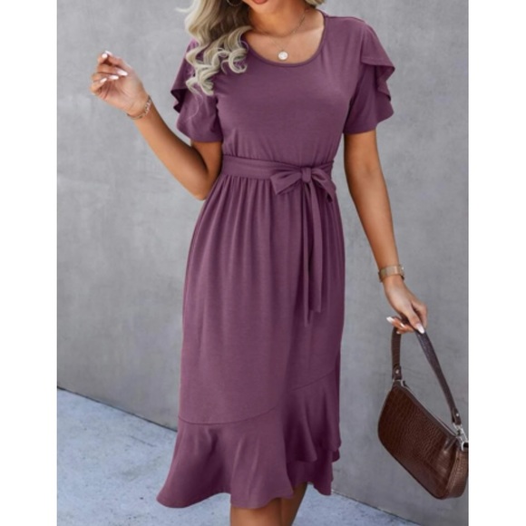 Petal sleeve ruffle wrap hem midi dress - Picture 2 of 4